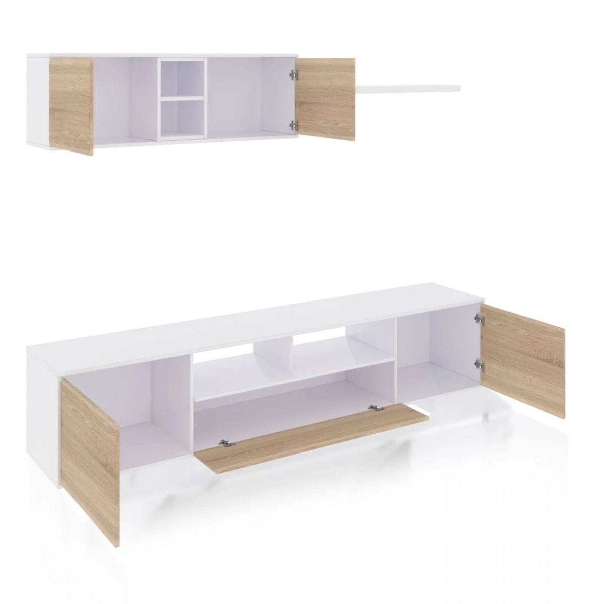 Salón con mueble de TV y estantería en blanco brillo y roble canadian 200 cm Kenzo Blanco Brillo - Roble Canadian