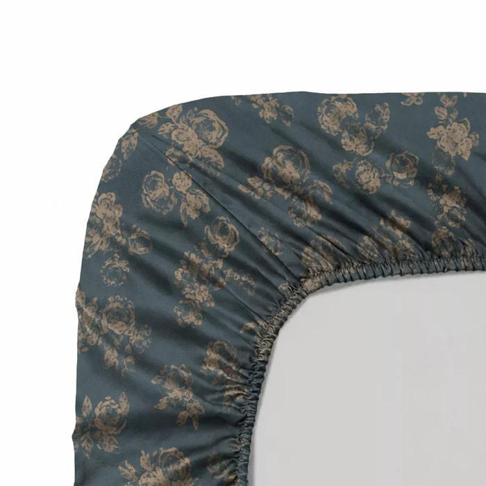 Drap housse b35 satin de coton 115 g/m² imprimé orange vert Roses d'automne vert anglais