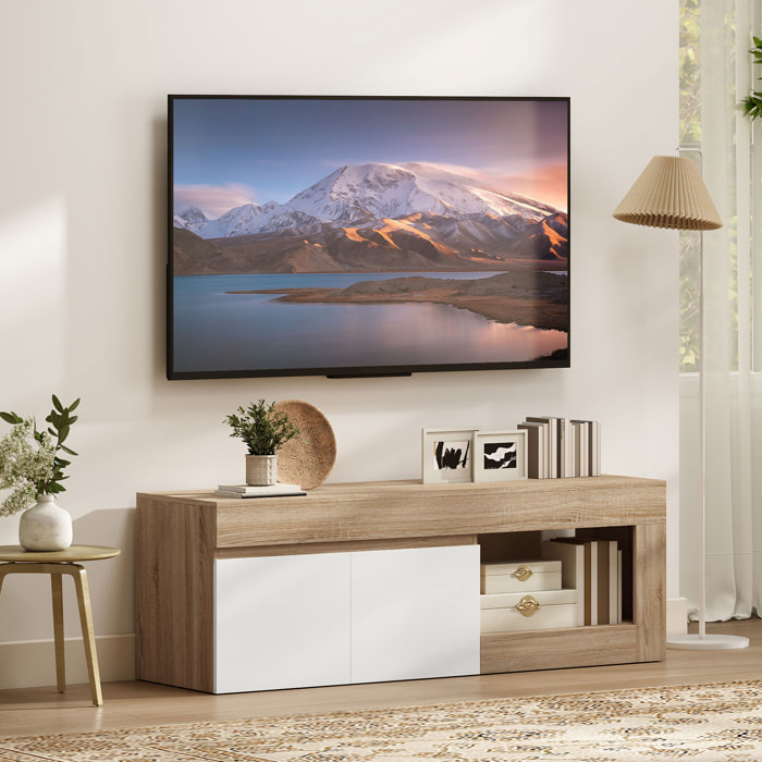 Mueble de TV Moderno, Mesa de TV para Salón con 2 Puertas, Estante Abierto, para Televisión 60 Pulgadas, 140x40x48 cm, Blanco y Natural
