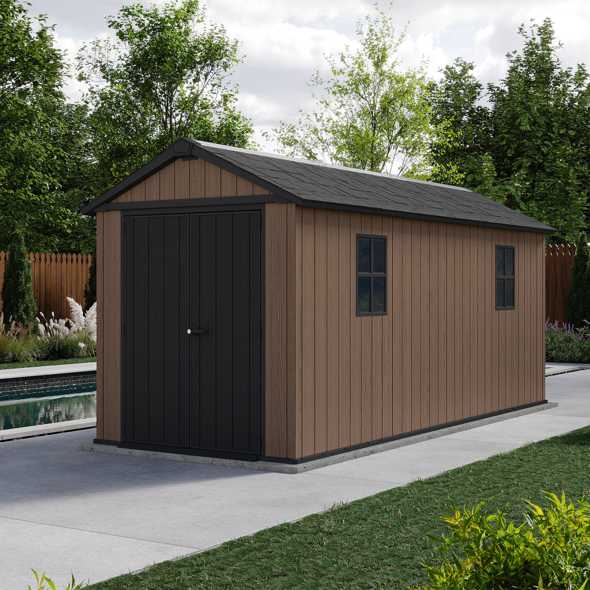 Newton + 7515/1575- Casetta da Giardino 476x246x230 cm 2 Ante per deposito attrezzi finitura effetto legno Evotech+ in Resina Marrone e Nero