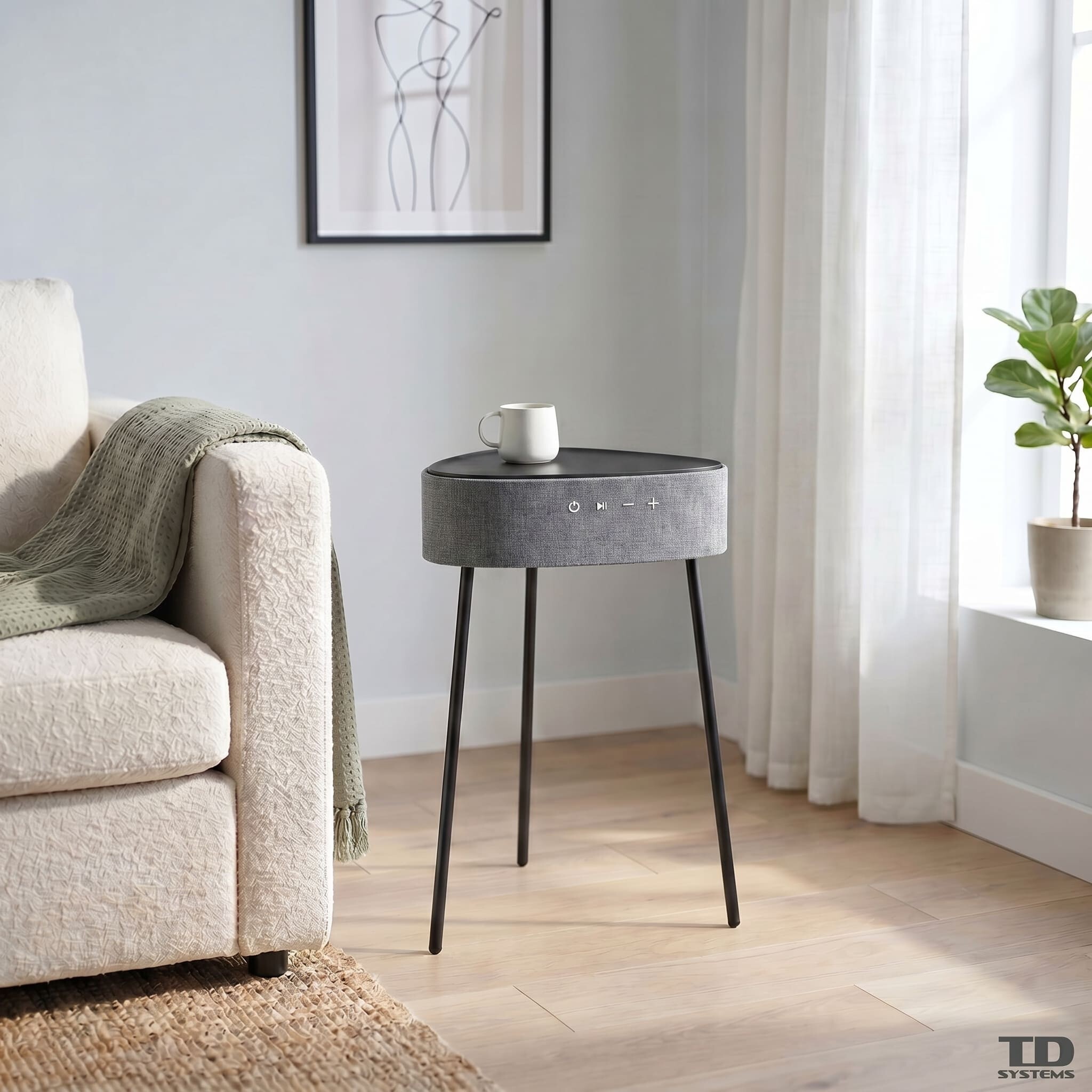 Mesa auxiliar altavoz portátil con sonido de 20W, Bluetooth, Base de carga inalámbrica, batería de 2500mAh. Mesilla o mesita para dormitorio o sala de estar - TD Systems SM20B11PGC [Gris claro]