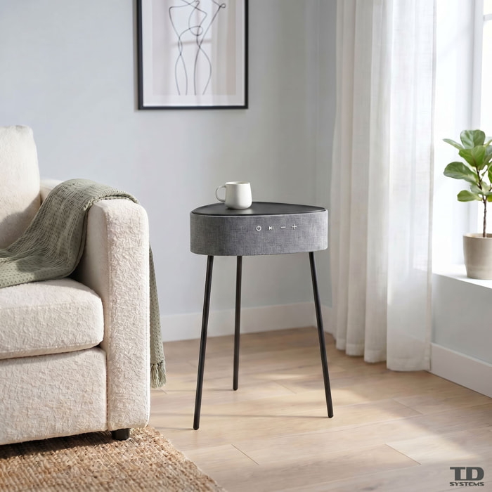 Mesa auxiliar altavoz portátil con sonido de 20W, Bluetooth, Base de carga inalámbrica, batería de 2500mAh. Mesilla o mesita para dormitorio o sala de estar - TD Systems SM20B11PGC [Gris claro]