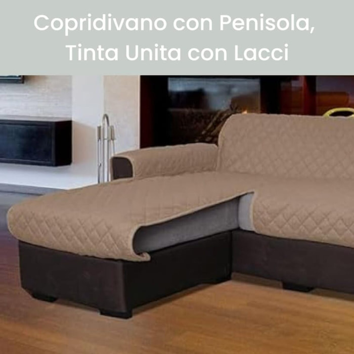 INTRECCI Copridivano 4 Posti con Penisola, Copridivano con Braccioli, Penisola Destra e Sinistra, Telo Copridivano Angolare, Impermeabile, Protegge da Macchie, Facile da Lavare. Colore: Tortora