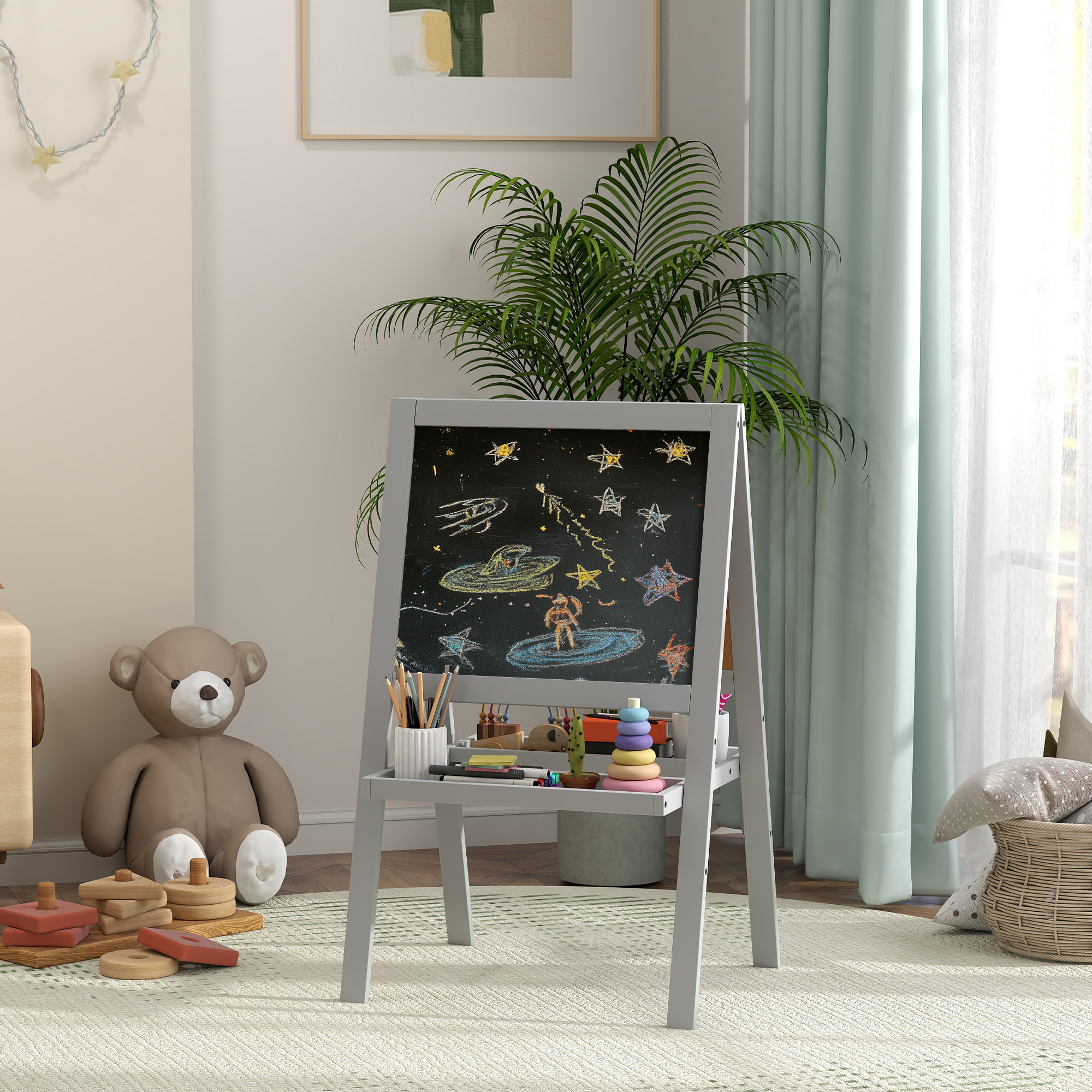 Tableau enfant double face tableau blanc et noir - 2 étagères intégrées - MDF gris