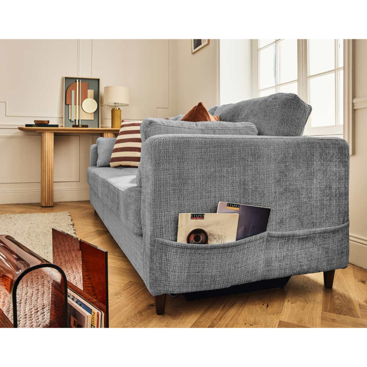 Anna - canapé droit 3 places convertible avec poche en velours texturé - Gris