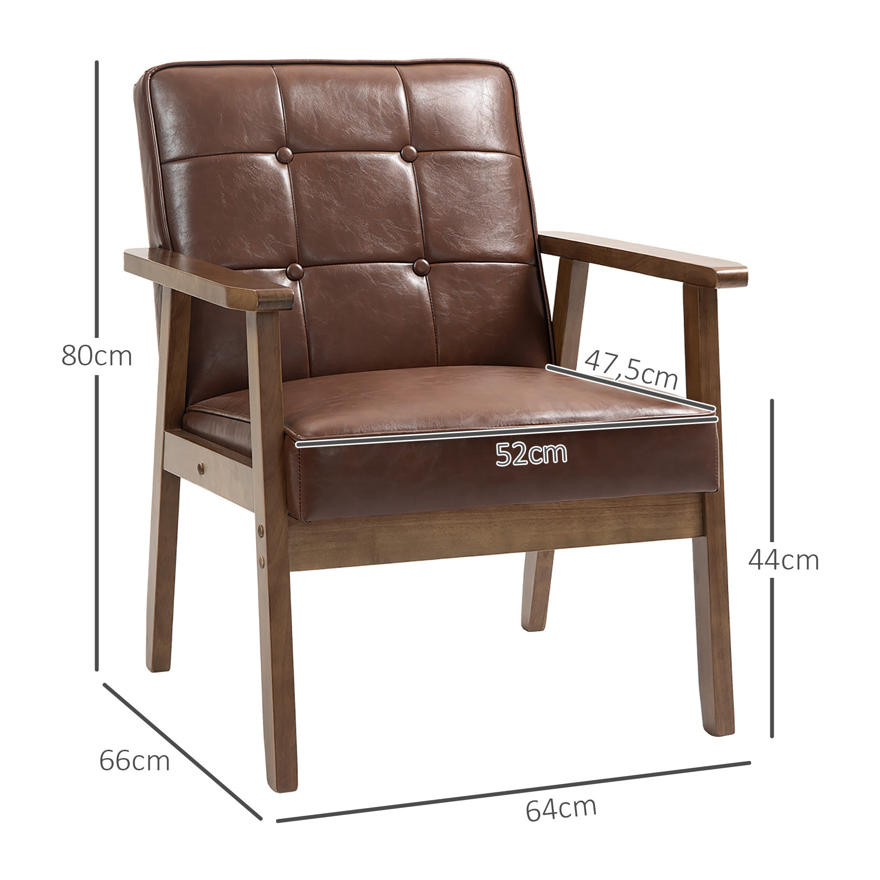 Fauteuil de salon lounge design Chesterfield bois hévéa foncé synthétique chocolat