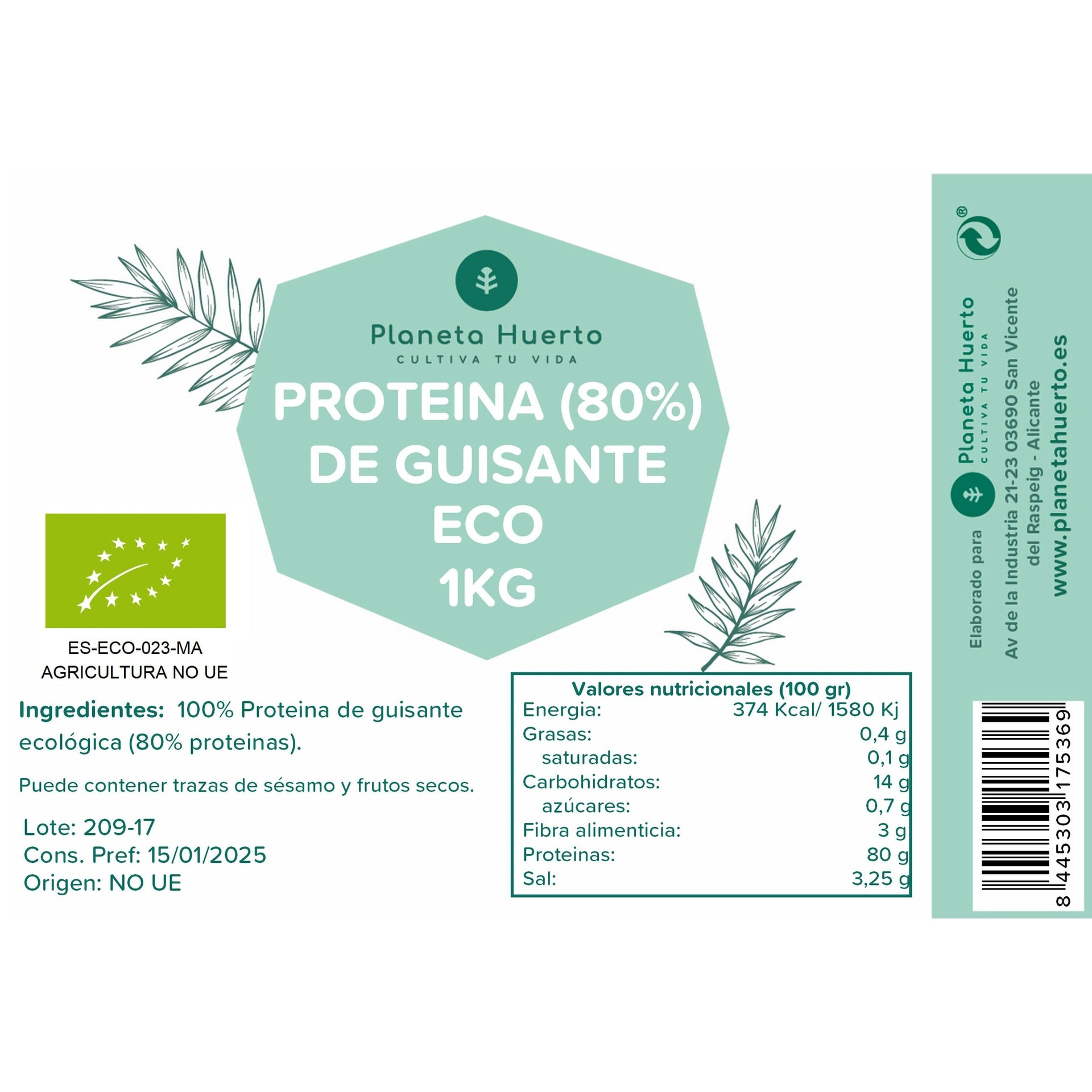 PLANETA HUERTO | Proteína de Guisante 80% ECO 1 kg Suplemento vegetal rico en proteínas - Proteína Guisante Ideal para dietas veganas y vegetarianas