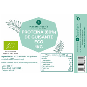 PLANETA HUERTO | Proteína de Guisante 80% ECO 1 kg Suplemento vegetal rico en proteínas - Proteína Guisante Ideal para dietas veganas y vegetarianas