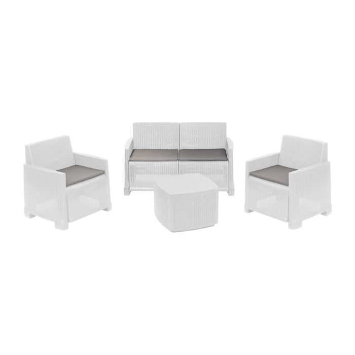 Set salotto da esterno Dbalestrer, Set da giardino con 2 poltrone, 1 divano e 1 tavolino contenitore, Effetto rattan con cuscini, 100% Made in Italy, Bianco