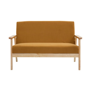 Canapé banquette 2 places + Fauteuil velours côtelé. pieds bois. moutarde