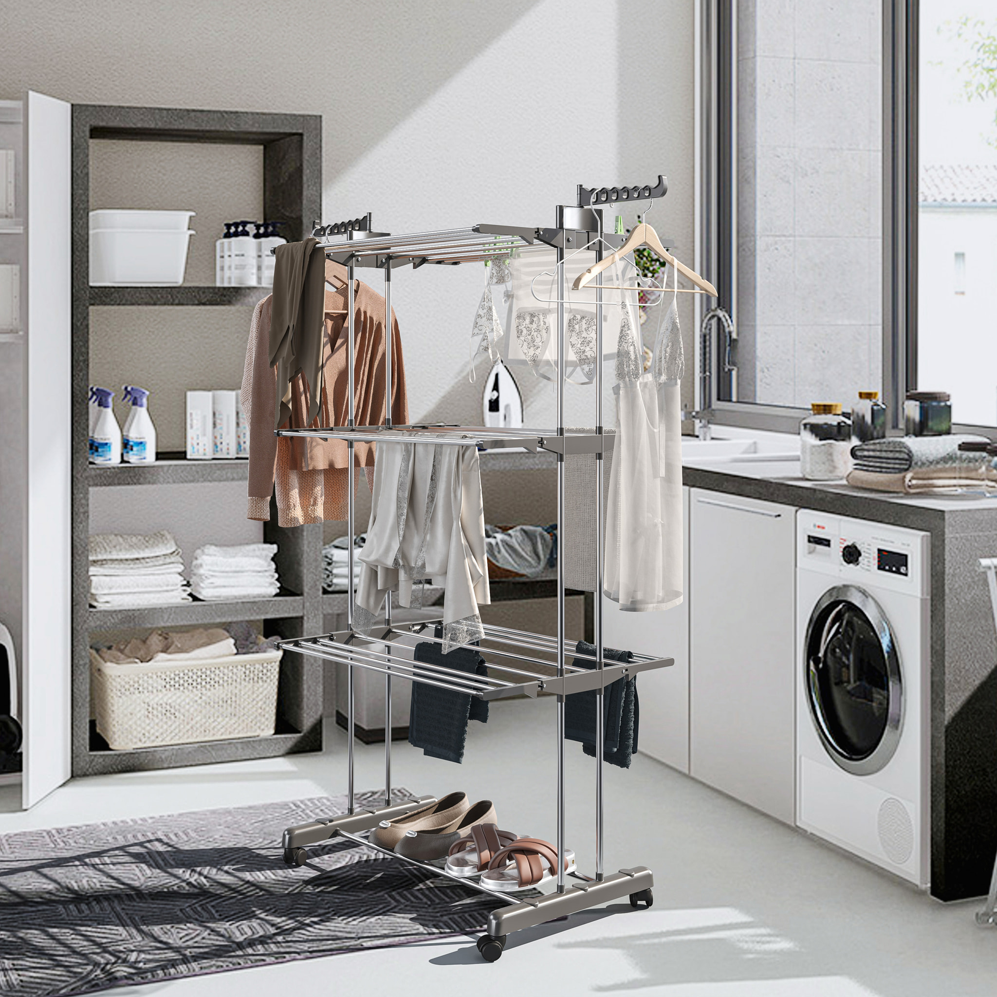 Stendibiancheria A Rotelle Stendino A Torre Verticale In Acciaio E ABS 4 Piani Pieghevole Salvaspazio Con Ali Richiudibile Biancheria Interno Grigio
