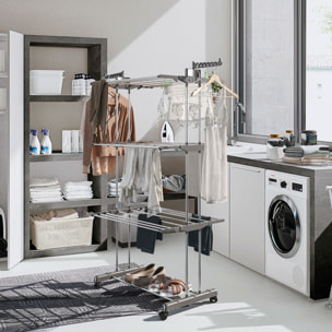 Stendibiancheria A Rotelle Stendino A Torre Verticale In Acciaio E ABS 4 Piani Pieghevole Salvaspazio Con Ali Richiudibile Biancheria Interno Grigio