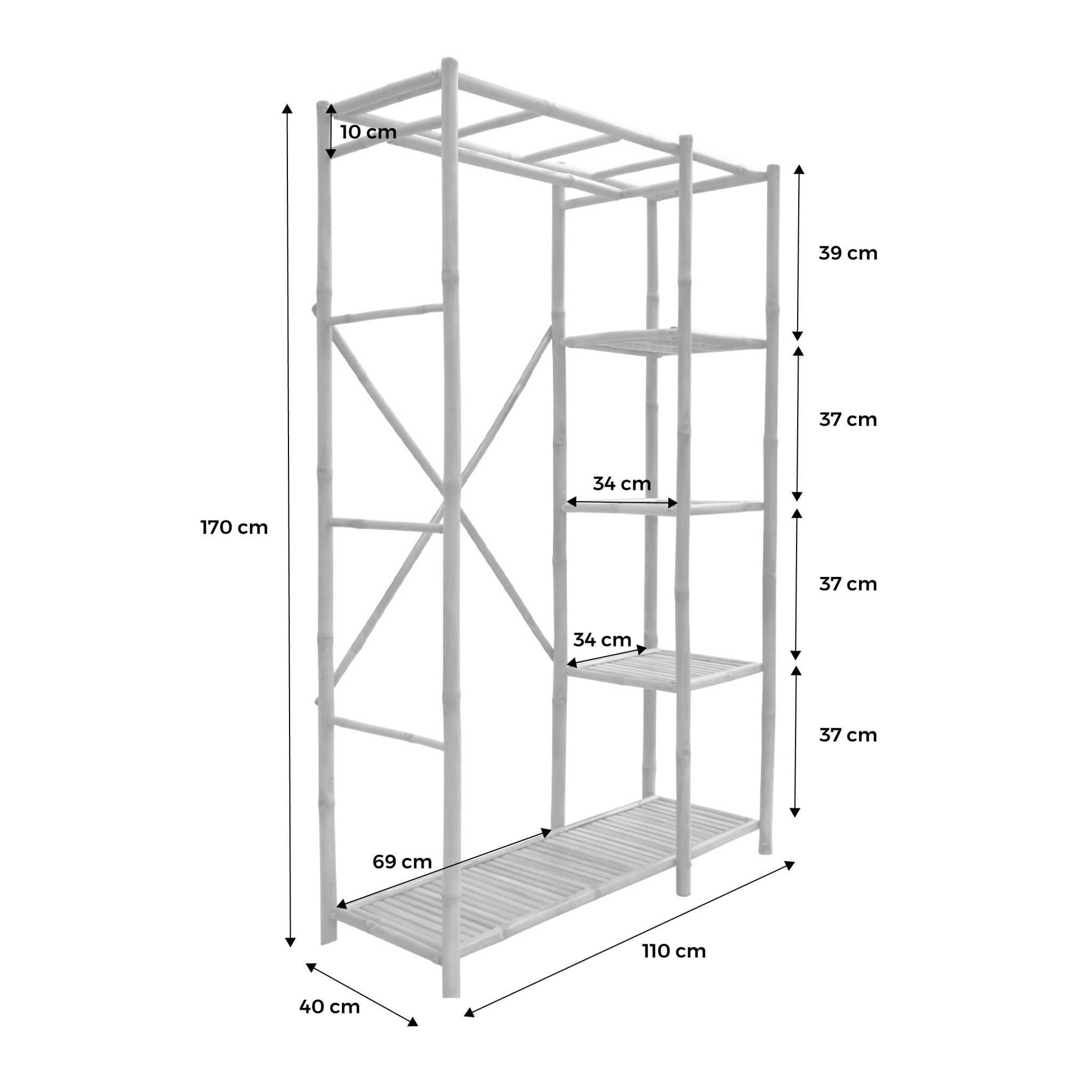 Armoire dressing en bambou. 3 étagères L110 x P40 x H170cm