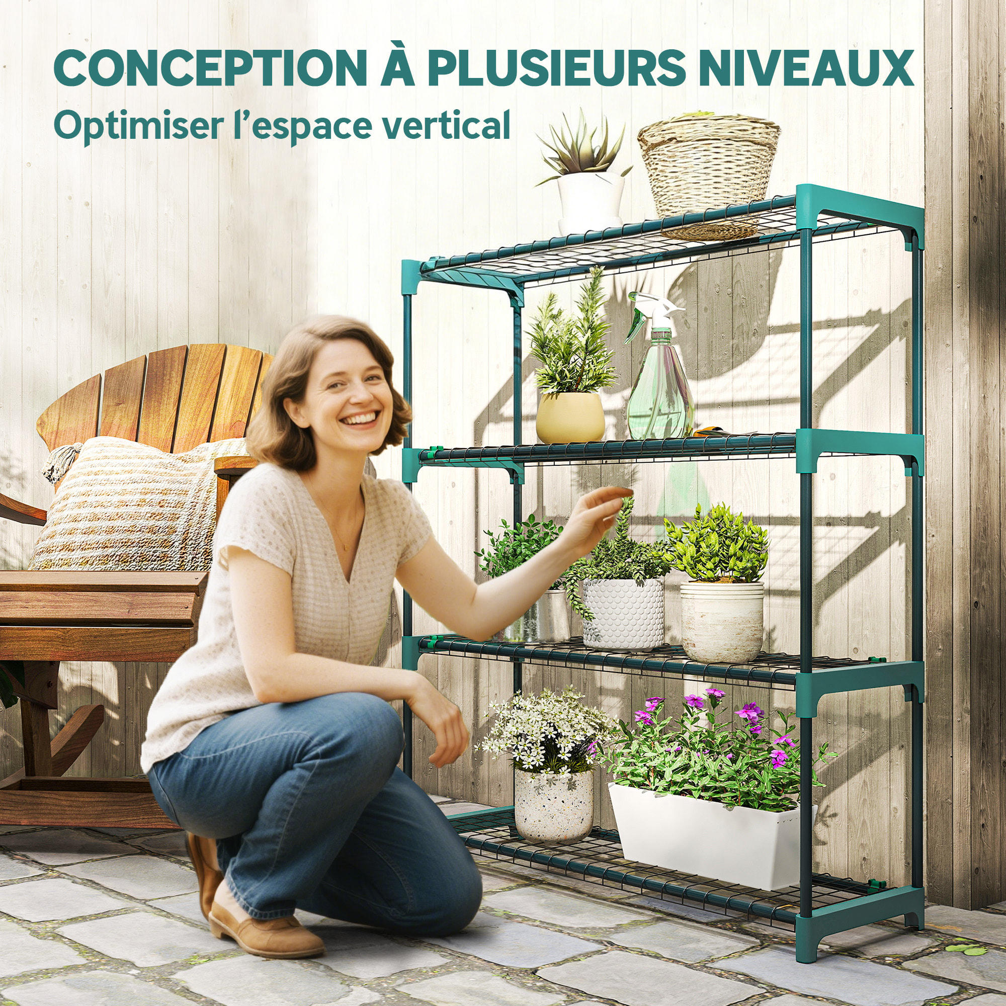 Lot de 2 étagères à plantes 4 niveaux métal vert