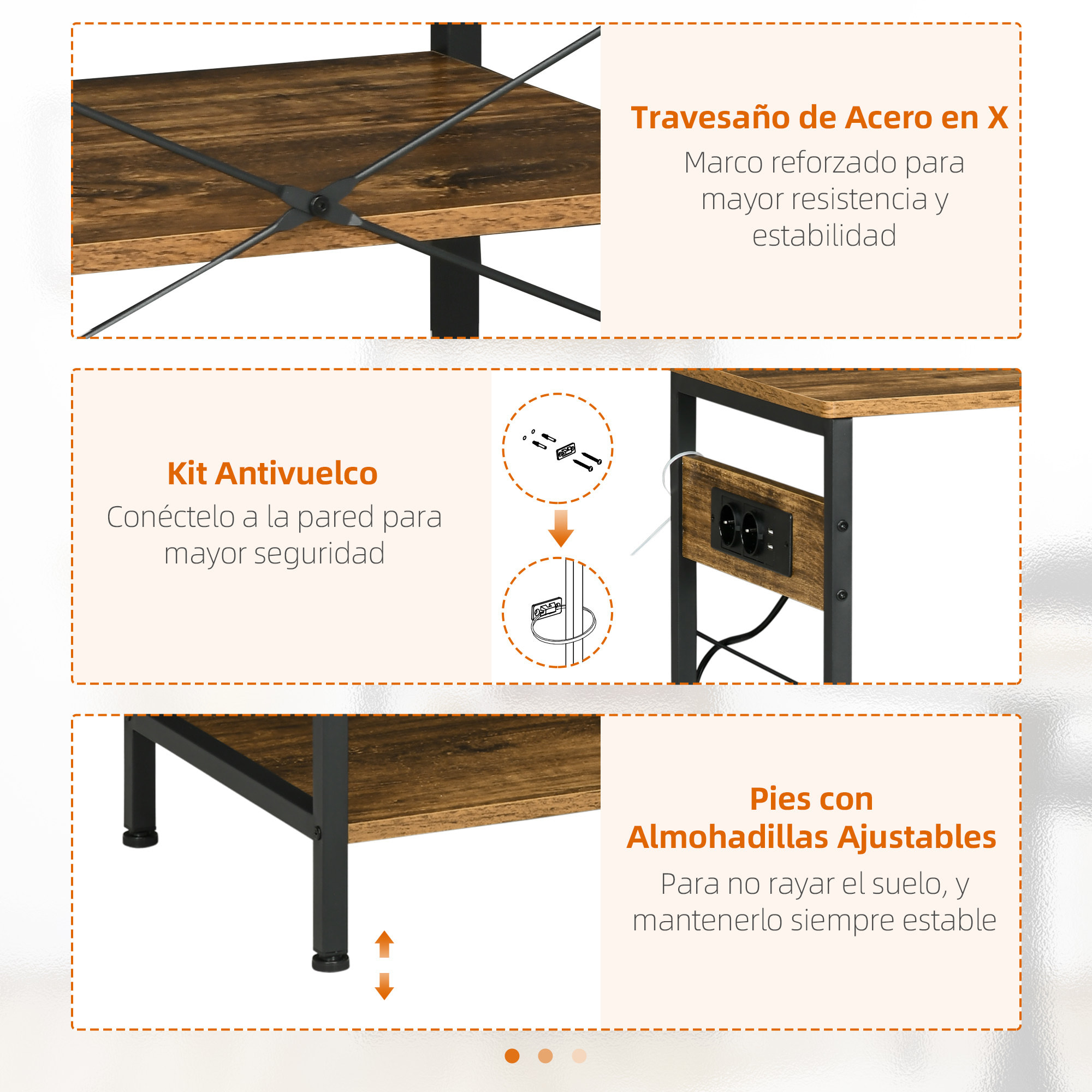 Estantería de Cocina Industrial Estante de Cocina con Toma de Corriente Estantes Ajustables Ganchos y Cesta Metálica 90x40x83 cm Marrón Rústico