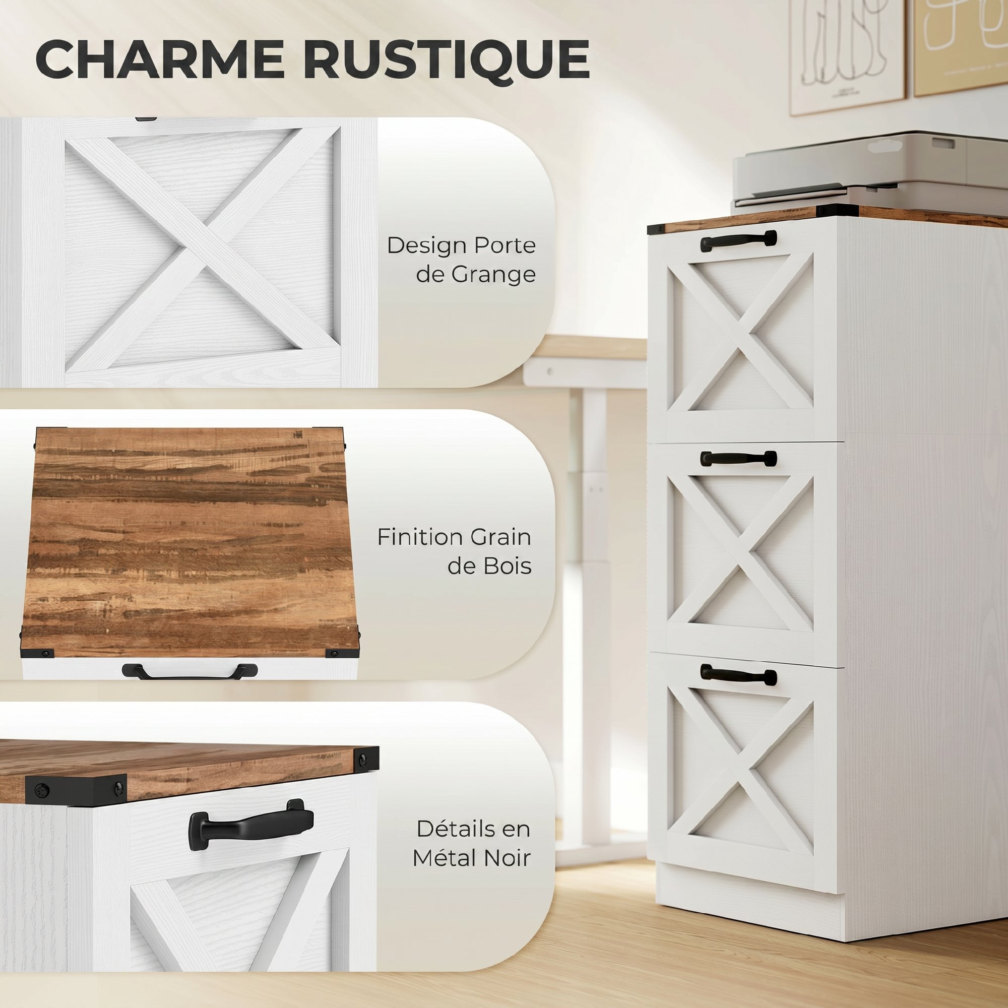 Caisson de bureau 3 tiroirs design campagne chic effet bois métal blanc
