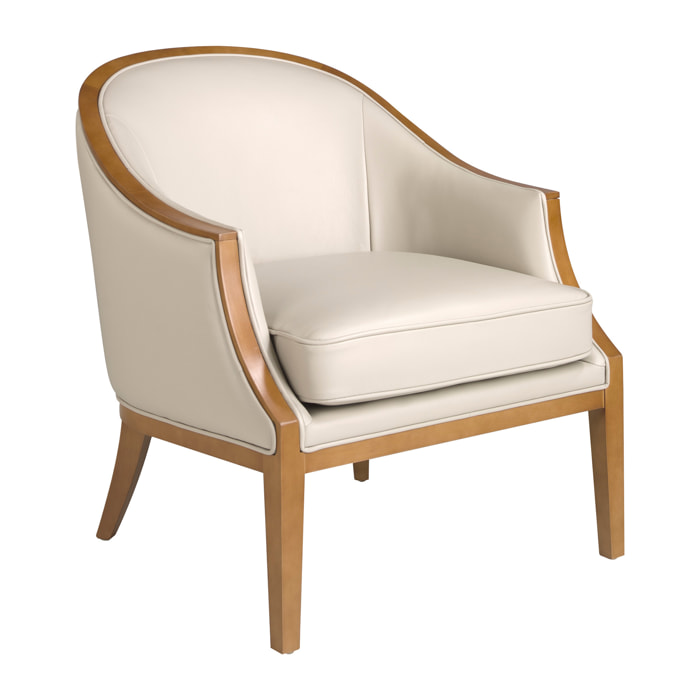 Sillón Angel Cerdá con reposabrazos asiento y respaldo tapizados en piel de origen vacuno en arena patas de madera en miel 74x81x84cm