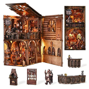 Bar antiguo. Book Nook de madera, diseño 3D realista con gran detalle, cubierta y luces led.