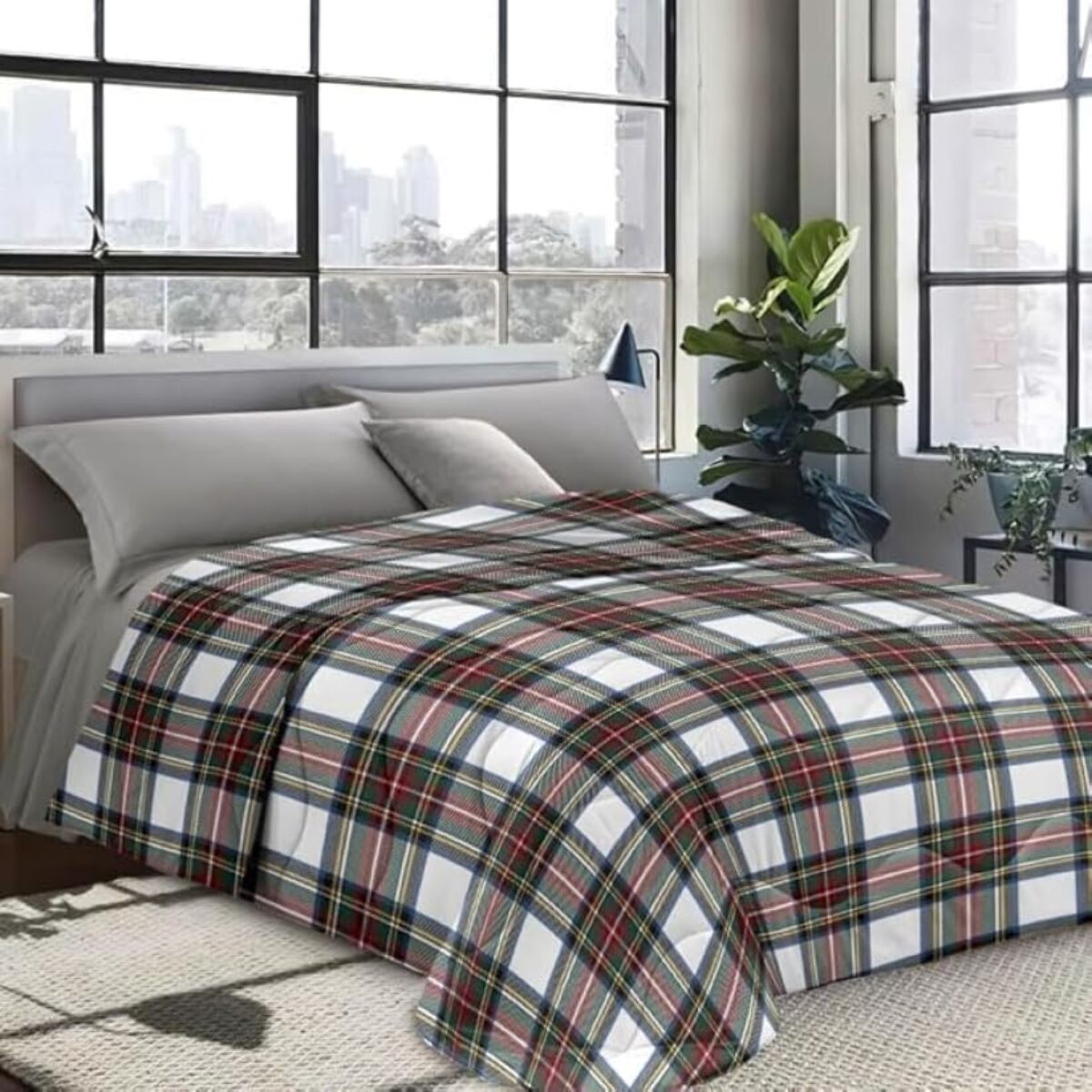 INTRECCI Piumino Singolo, 170 x 260 cm, Piumino Ecologico, Caldo, Invernale, 300 g/m², Anallergico e Antiacaro, Made in Italy, Lavabile in Lavatrice, Soffice, Morbido. Fantasia: Tartan Bianco
