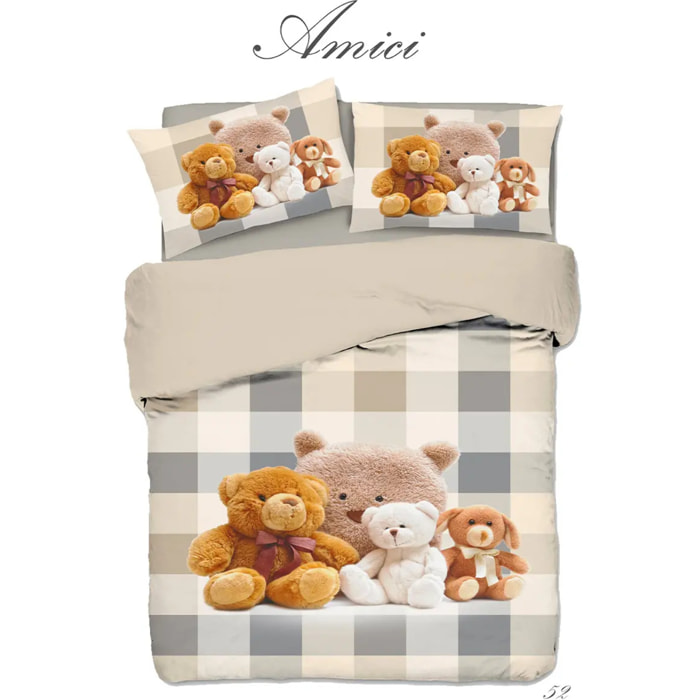 Parure Copripiumino Orsetti 52 Beige in Cotone 100% Made in Italy, Stampa Digitale HD