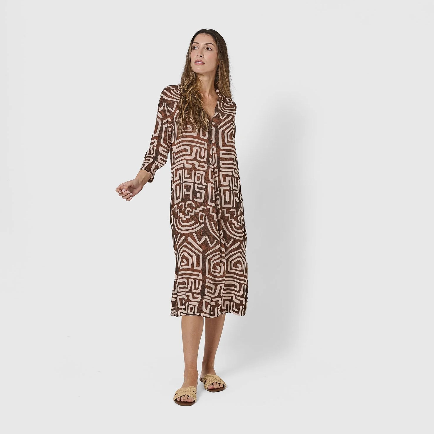 Vestido midi bambula detalles plisados agara marrón