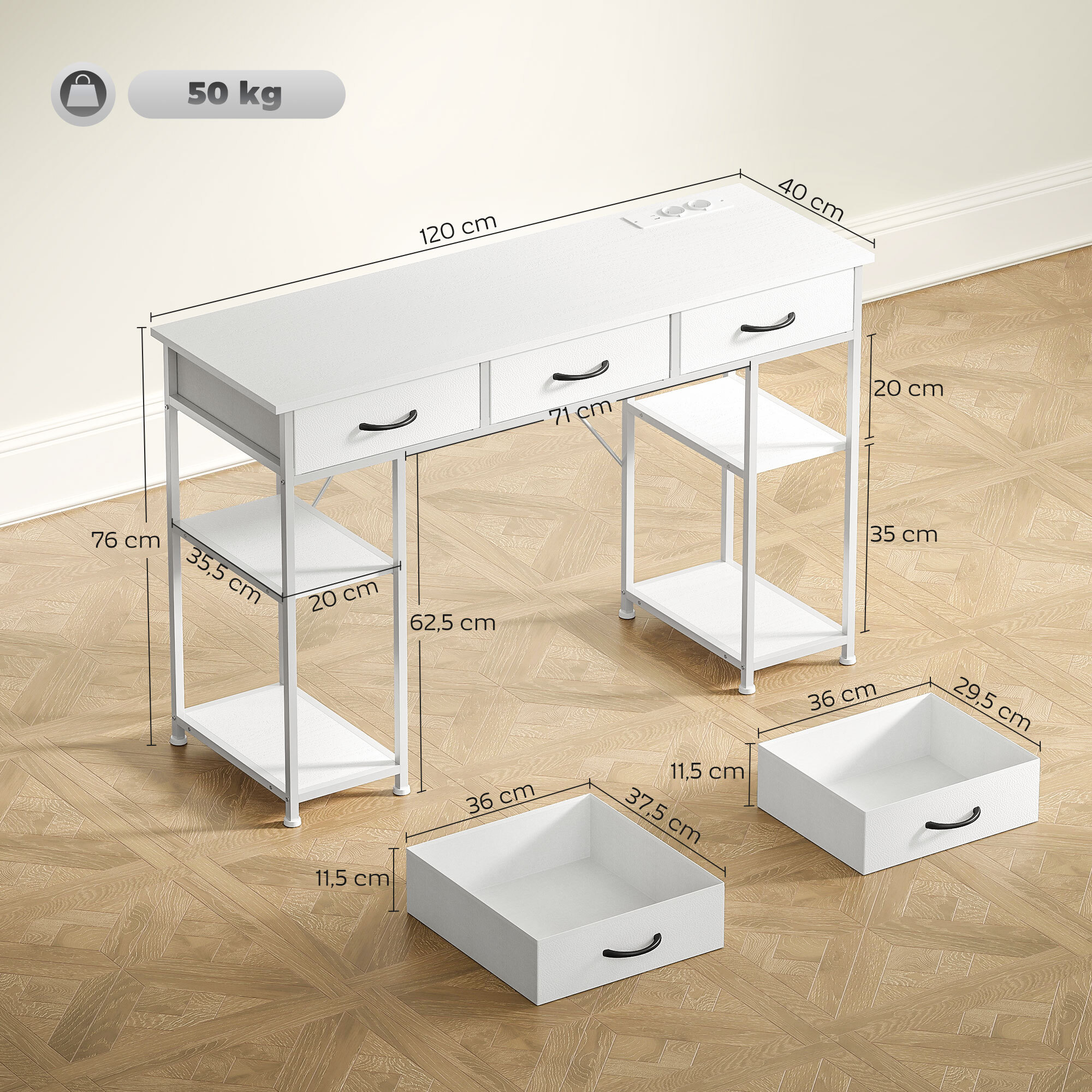 Bureau informatique multi-rangement 2 prises USB 2 prises secteur dim. 120 x 40 x 76 cm blanc