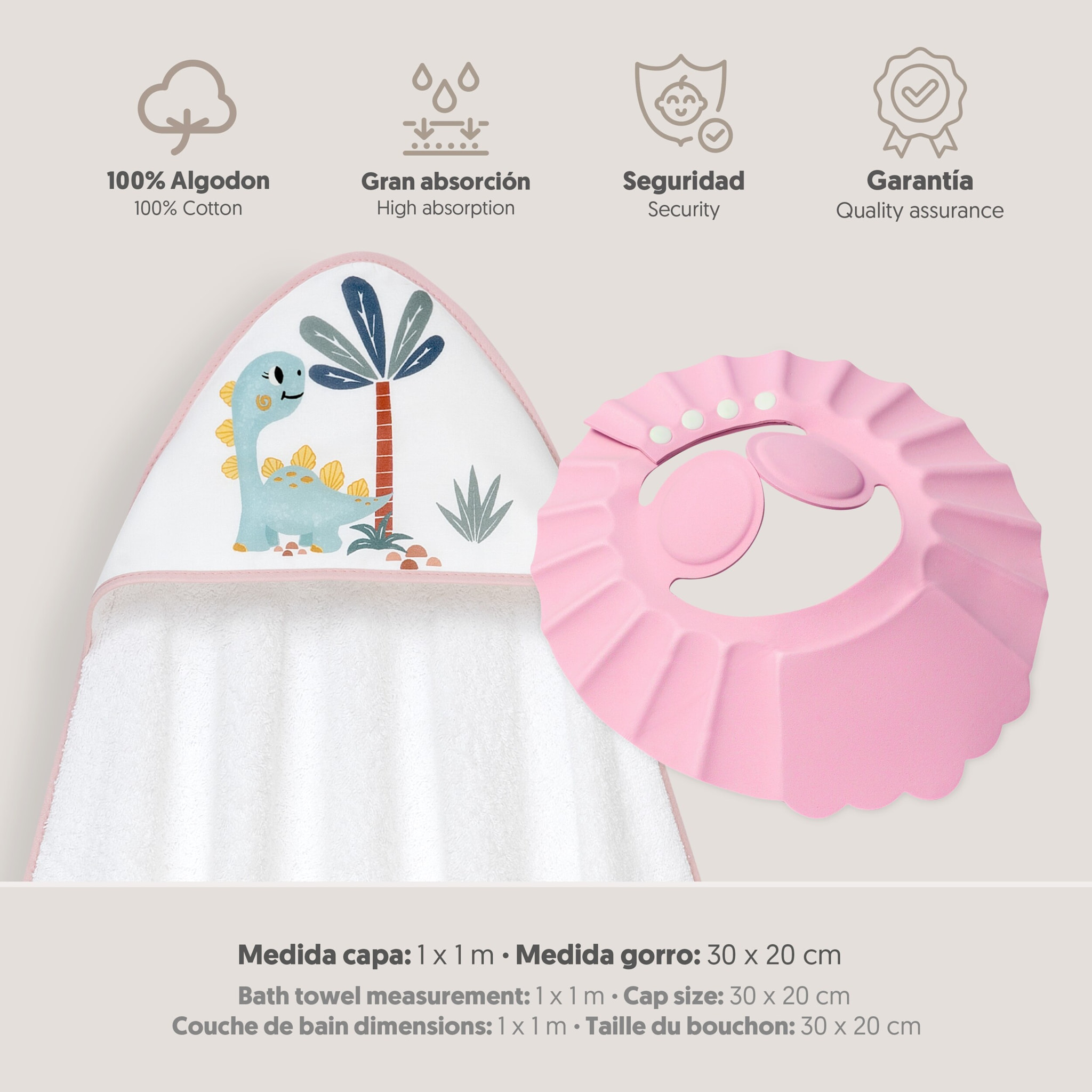 Capa Baño 1X1 Mod Estampado Dinosaurio Palmera+Gorro Bco/Rosa
