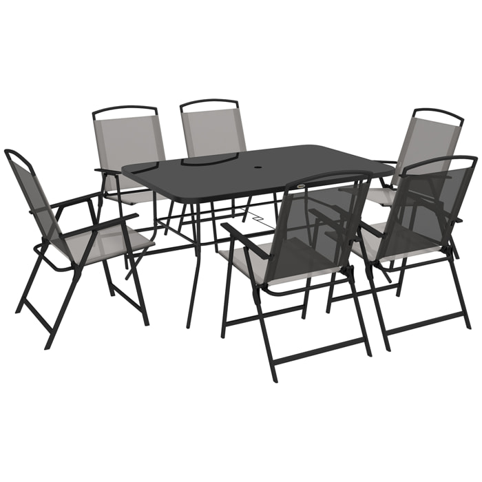 Conjunto de Muebles de Jardín de 7 Piezas Conjunto de Comedor de Exterior con 6 Sillas Plegables y Mesa de con Orificio para Sombrilla para Terraza Exterior Gris