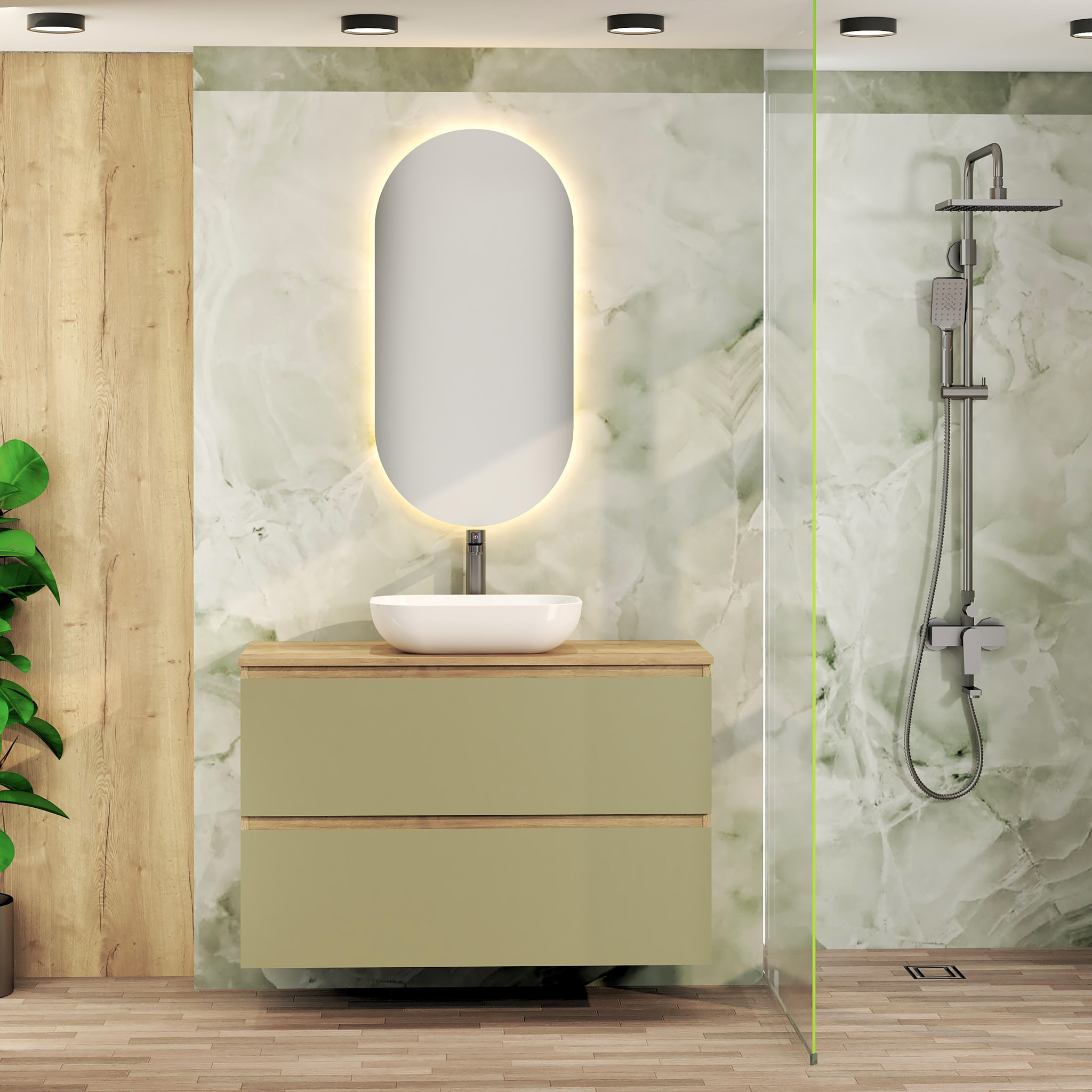 Conjunto de Baño Nia | Mueble Suspendido | 100 cm Verde | Dos Cajones | Lavabo Sobrepuesto | No incluye Espejo | Mueble Montado| Alday