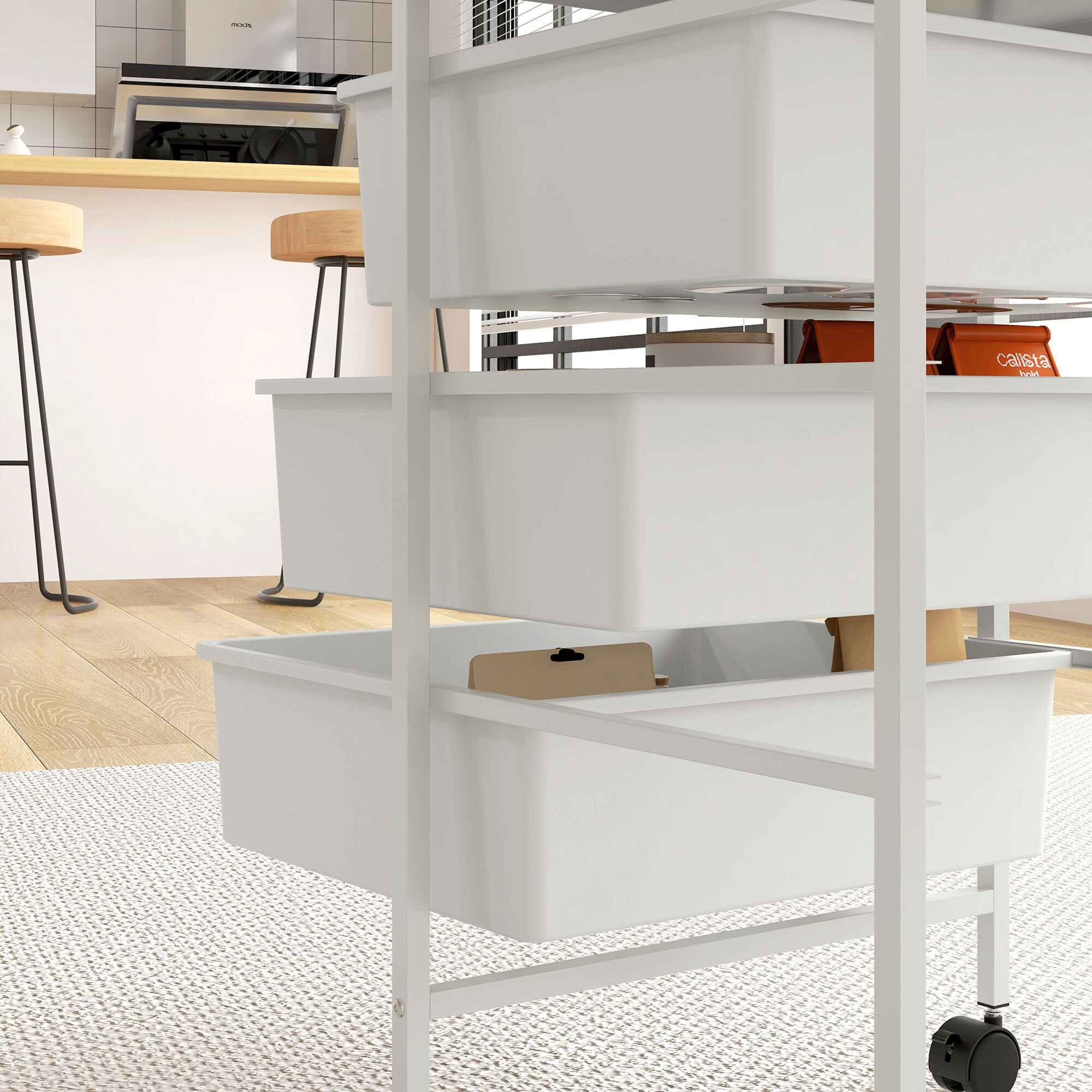 Carrito Auxiliar con Ruedas Carrito de Cocina de 3 Niveles con 3 Cestas para Almacenamiento y Marco de Acero para Comedor Sala Baño 40,8x33,5x60,5 cm Blanco