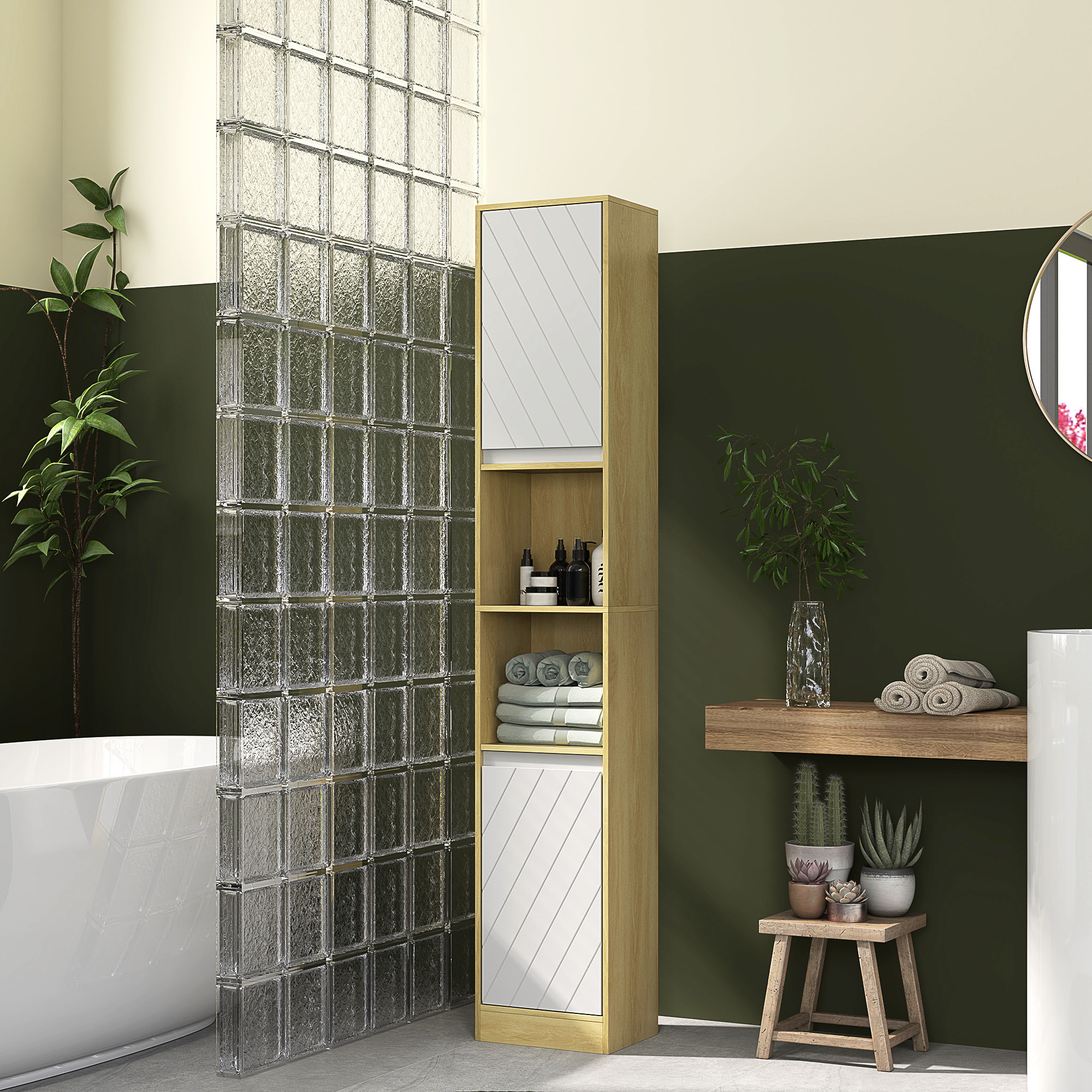Colonne meuble salle de bain style cosy H.170 cm 2 portes étagère 2 niches effet bois clair blanc