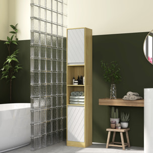Colonne meuble salle de bain style cosy H.170 cm 2 portes étagère 2 niches effet bois clair blanc