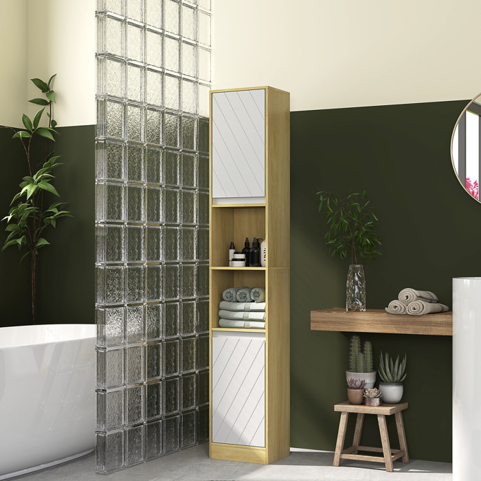 Colonne meuble salle de bain style cosy H.170 cm 2 portes étagère 2 niches effet bois clair blanc