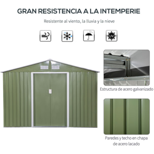 Cobertizo de Jardín Exterior 277x195x192 cm Caseta de Jardín Metálica para Almacenamiento de Herramientas con Base Incluida y 4 Ventanas 4,83 m² Verde Claro