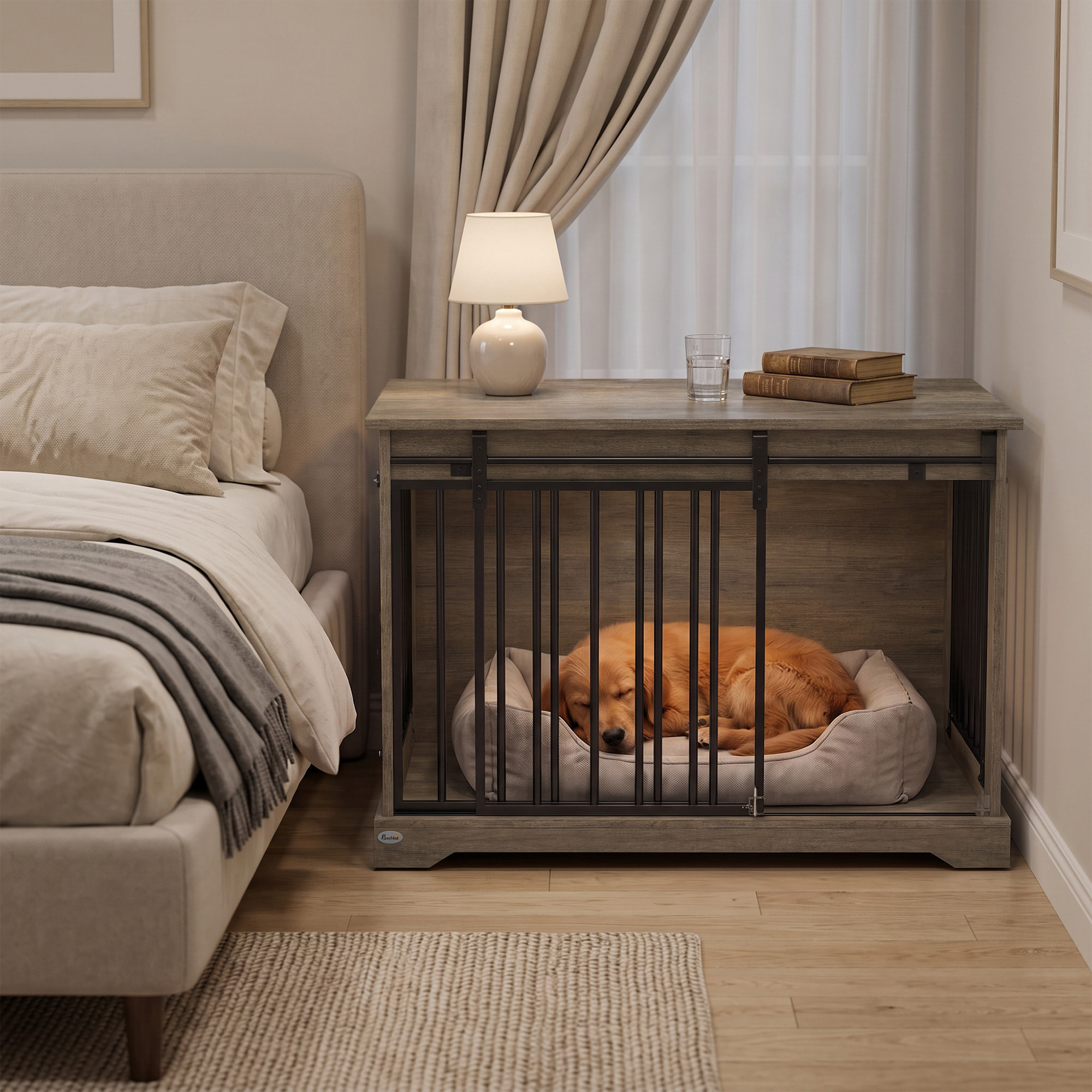 Cage chien design bois métal 100 x 60 x 68 cm porte coulissante et battante
