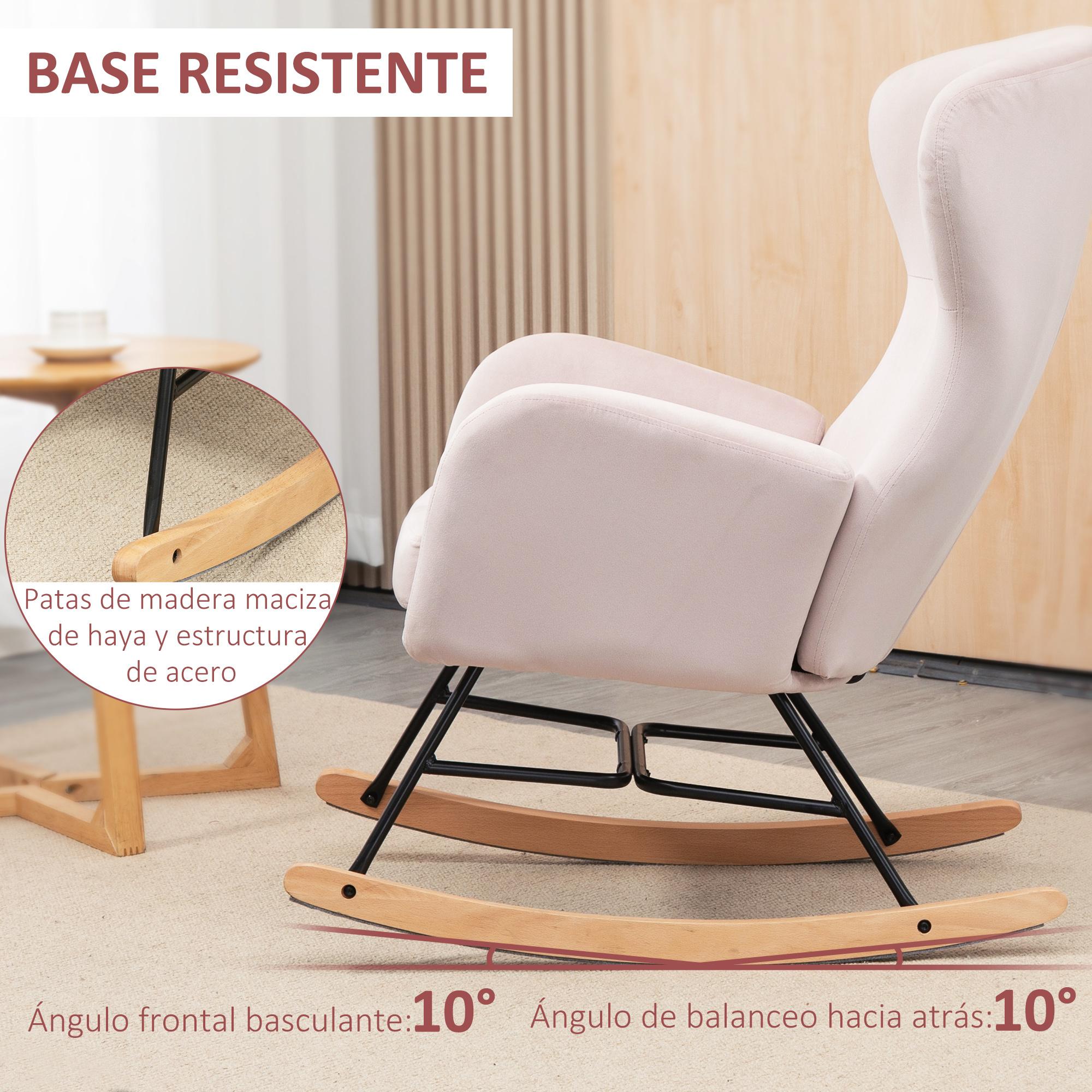 HOMCOM Silla Mecedora Tapizada en Terciopelo Sillón Balancín Relax con Asiento Acolchado Reposabrazos y Pies de Madera de Haya para Salón Dormitorio 65x87x102 cm Rosa