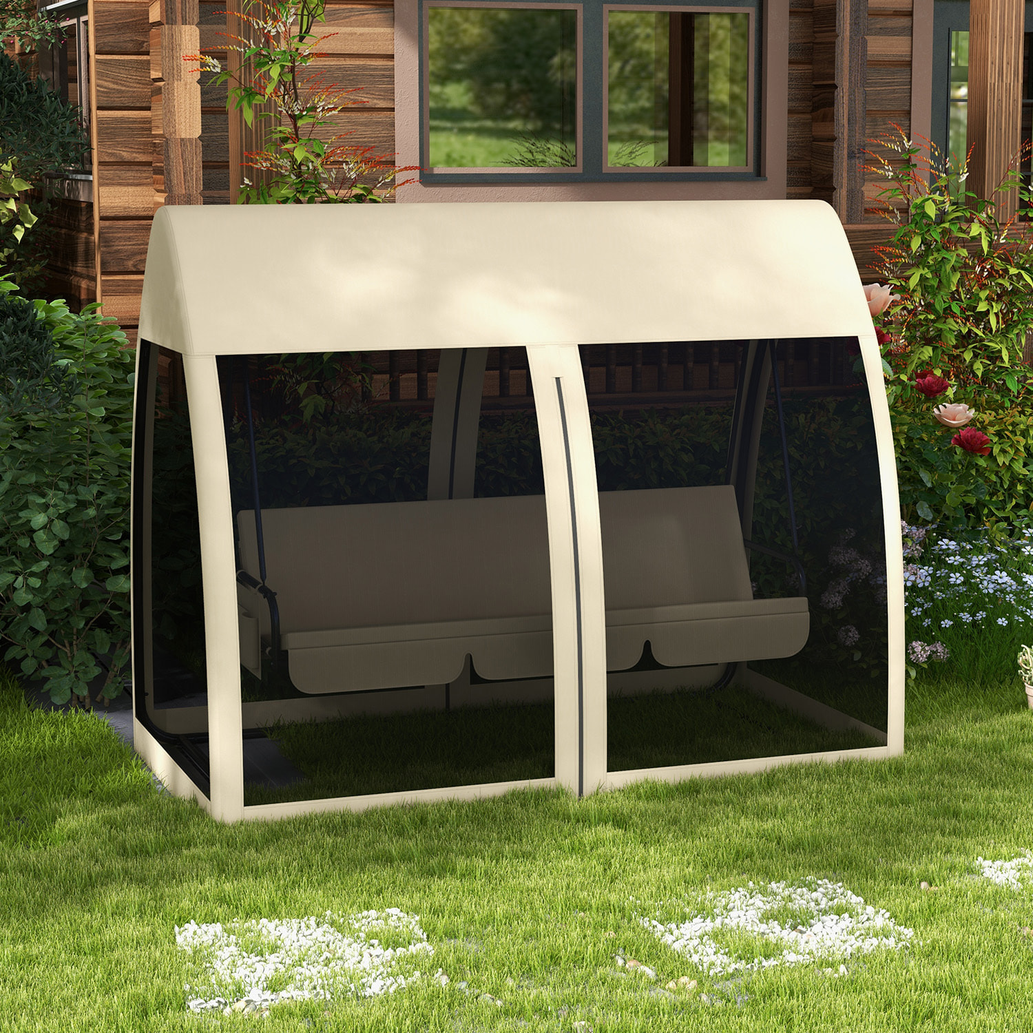 Balancín de Jardín de 3 Plazas Convertible en Cama Columpio Jardín Exterior con Mosquitera Estructura de Metal Carga 300 kg 240x140x197 cm Beige