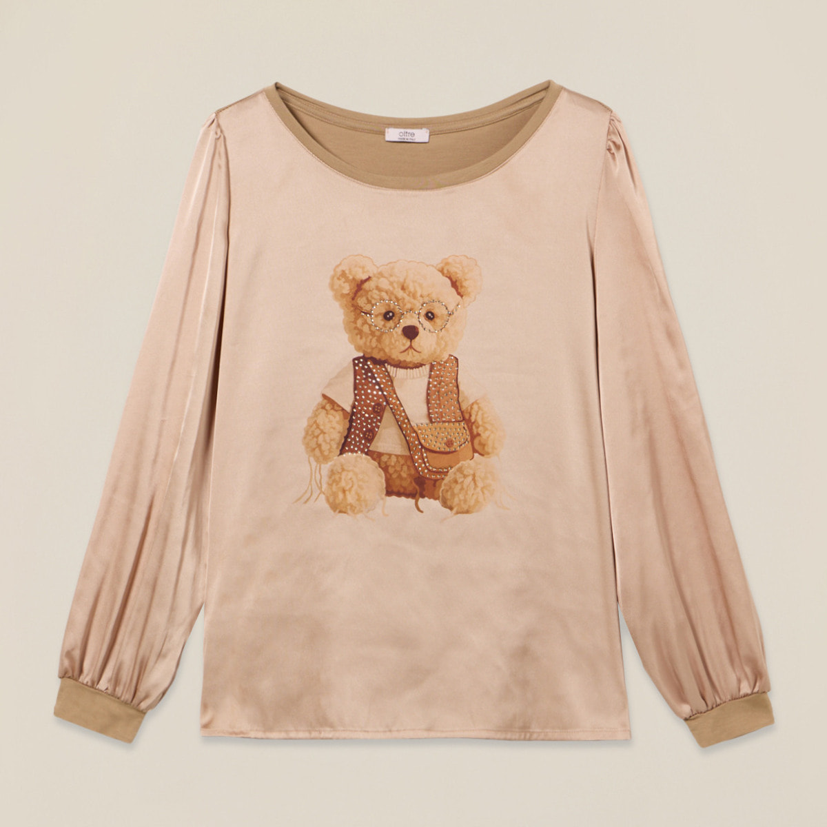 Oltre - T-shirt bimaterica con stampa e applicazioni - Beige