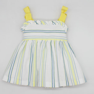 VESTIDO RAYAS AZUL Y AMARILLA TIRANTE LAZOS Y VOLANTITOS