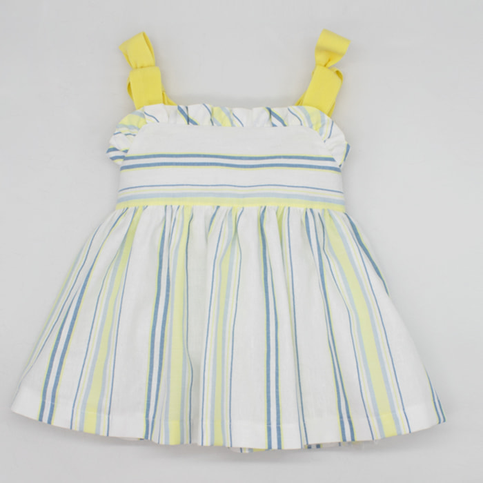 VESTIDO RAYAS AZUL Y AMARILLA TIRANTE LAZOS Y VOLANTITOS