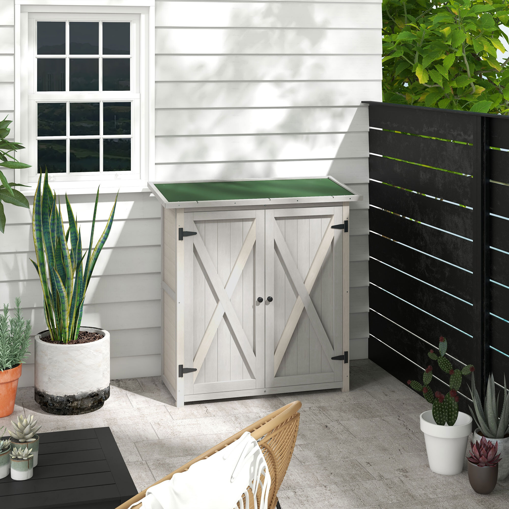 Abri de jardin armoire de jardin sur pied dim. 110L x 55l x 117H cm 2 étagères 2 portes toit bitumé bois sapin pré-huilé gris clair