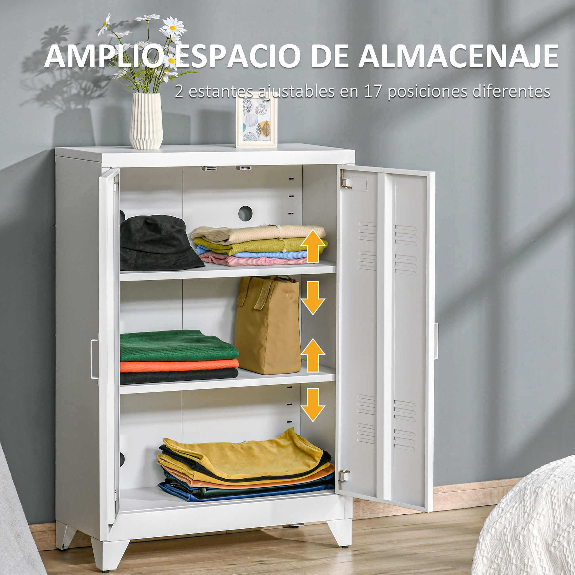 Armario de Almacenamiento Aparador de Metal con Doble Puerta Cierre Magnético y 2 Estantes Ajustables para Oficina Salón Dormitorio 75x33x110 cm Blanco
