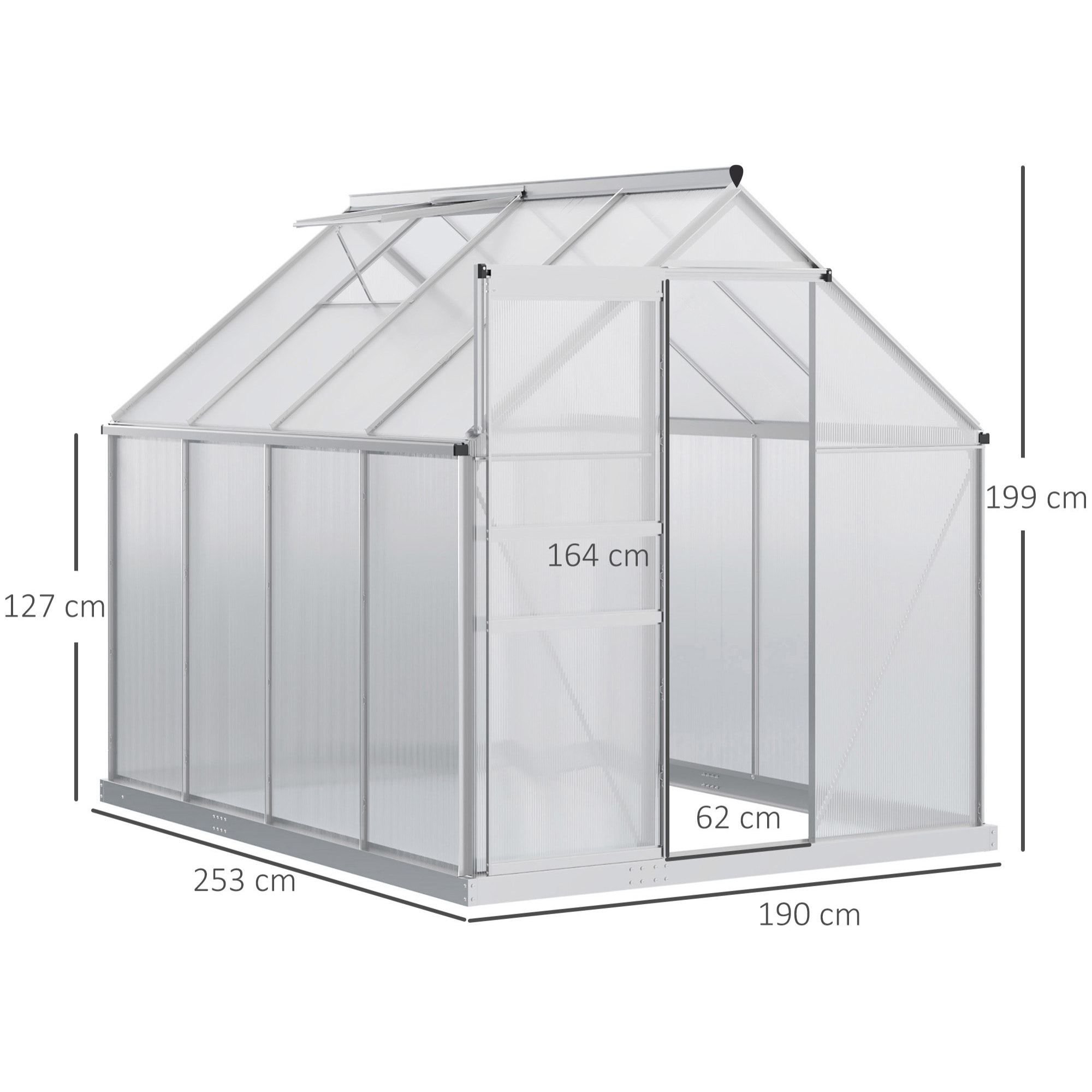 Serre de jardin aluminium polycarbonate 4,8 m² dim. 2,53L x 1,9l x 2H m lucarne réglable fondation porte coulissante