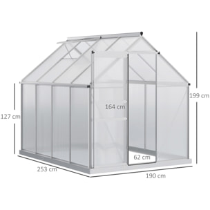 Serre de jardin aluminium polycarbonate 4,8 m² dim. 2,53L x 1,9l x 2H m lucarne réglable fondation porte coulissante