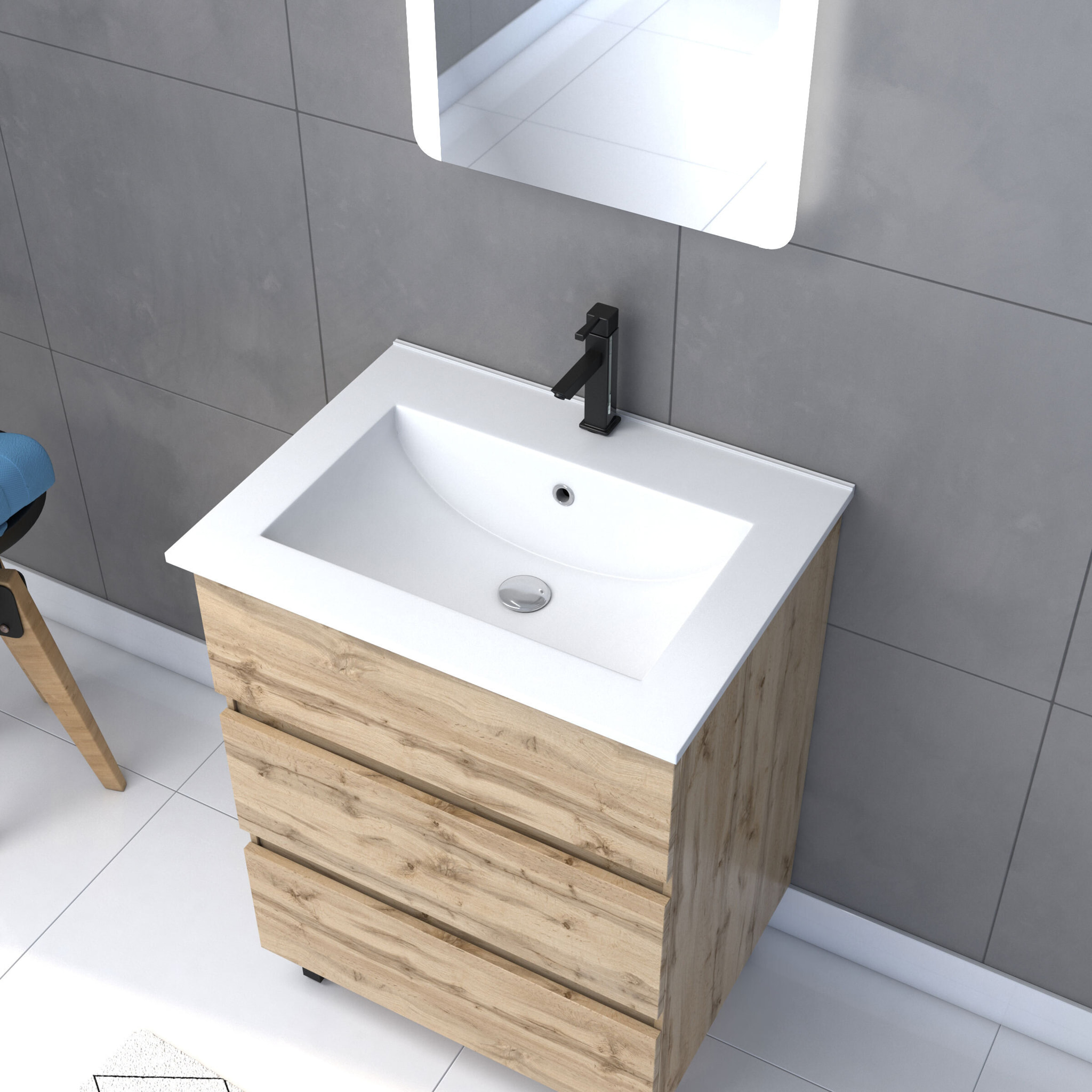 Pack Meuble SDB 60cm sur pieds 3 tiroirs Chene Naturel - Vasque blanche + Miroir Led - TIMBER 60