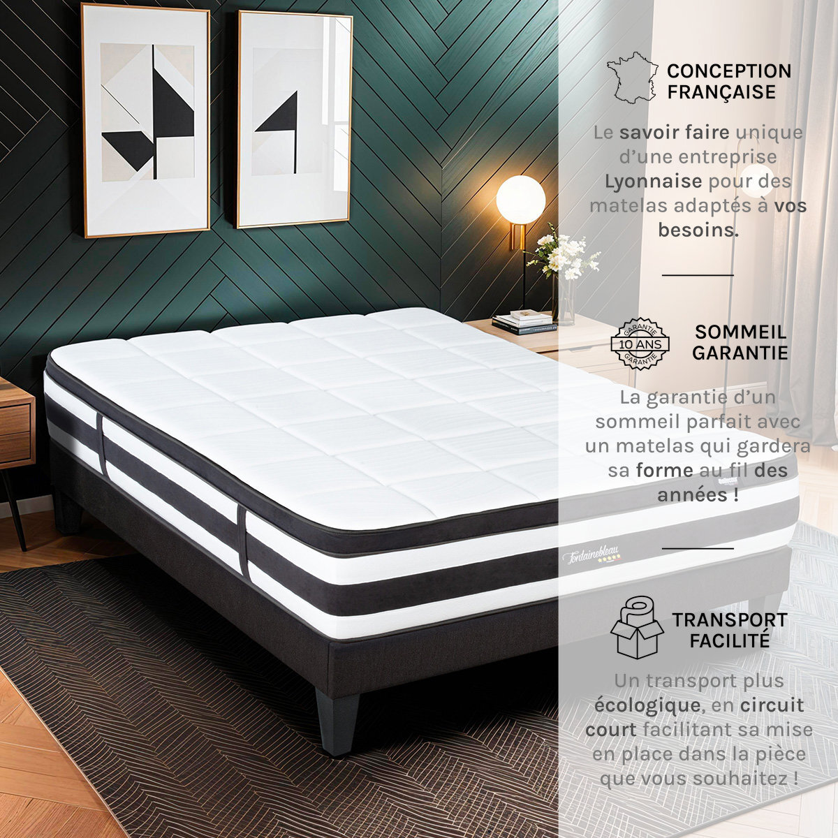 Ensemble Matelas Fontainebleau & Sommier KIT15, 25 cm, Ressorts Ensachés et Mousse polyuréthane, technologie Tri-Lattes, Soutien Ferme