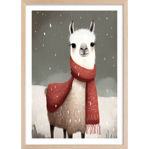 Affiche enfant lama sous la neige  Affiche + cadre en bois - Chêne