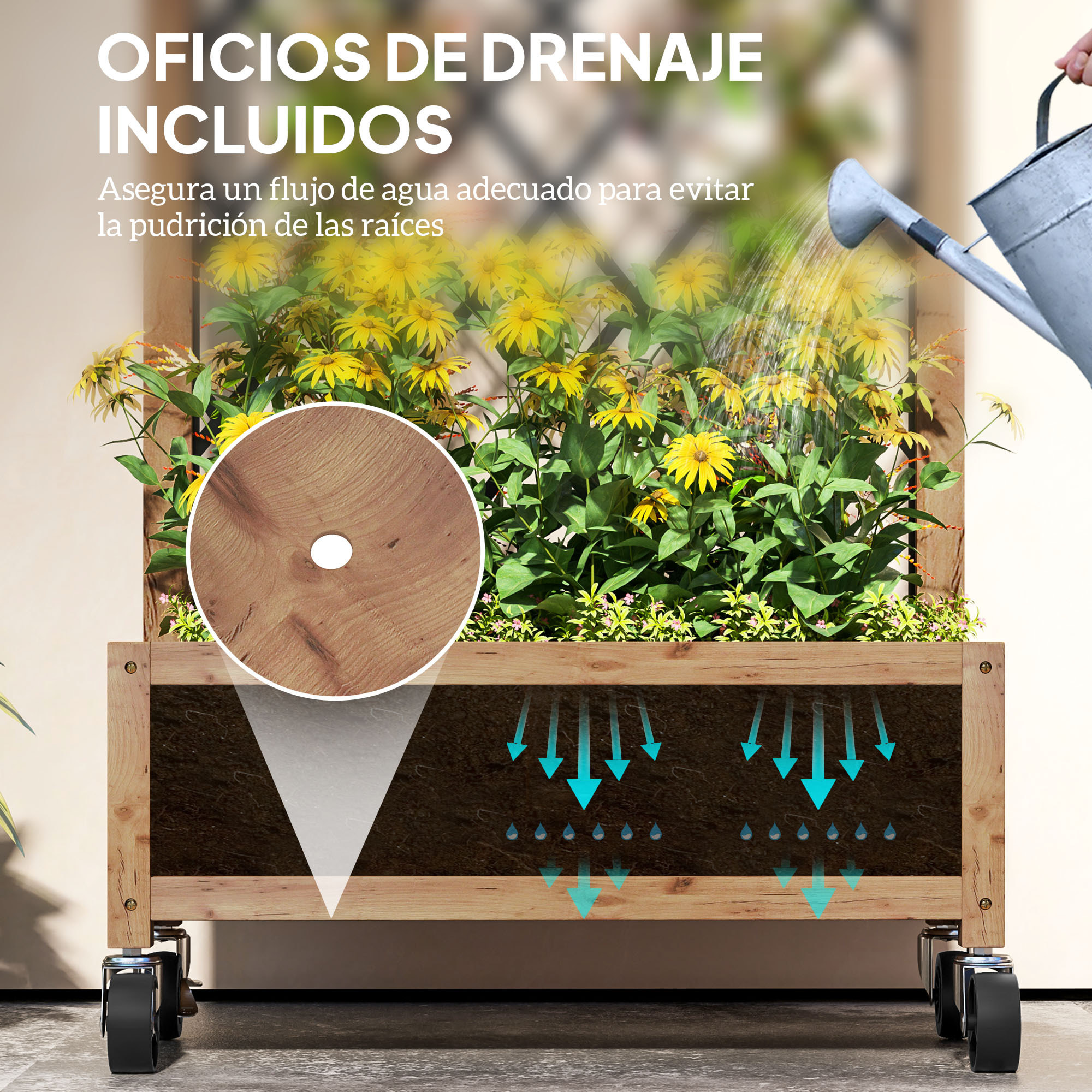 Juego de 2 Jardineras de Exterior Jardineras con Enrejado Metálico para Plantas Trepadoras Maceteros con Ruedas para Jardín Patio 52x25x97 cm Natural
