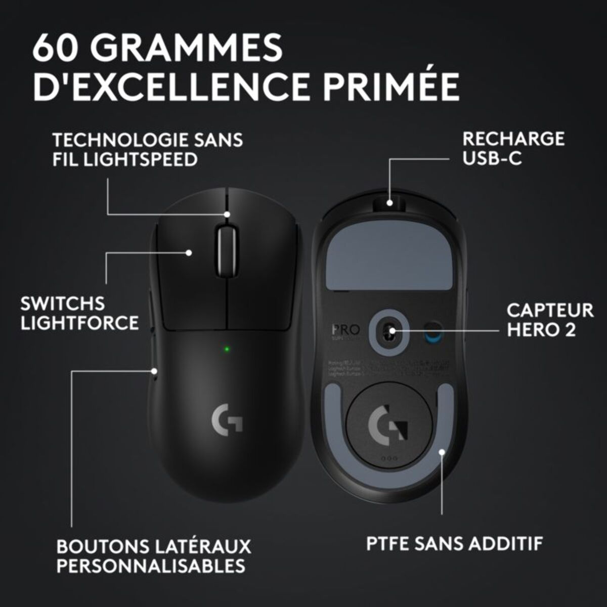 Souris Gamer Sans Fil LOGITECH G PRO X SUPERLIGHT 2 LIGHTSPEED Noir