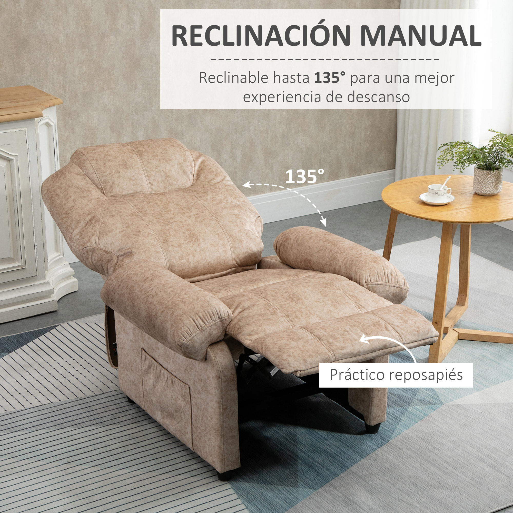 Sillón Relax Reclinable Manual Tapizado en Terciopelo Acolchado con Reposapiés Retráctil y Bolsillos Laterales para Salón Oficina Dormitorio 88x91x108 cm Beige